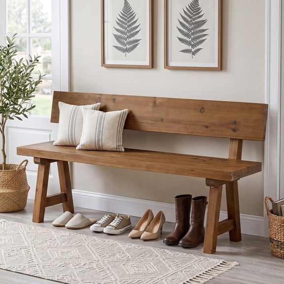Finmind 47" Solid Wood Farmhouse Bench with Back for Entryway, Rustic Brown