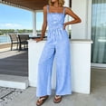 thumbnail image 5 of Jumpsuits for Women Casual Summer Cruise Spring Fashion Smocked Wide Leg Gingham Rompers with Pockets Blue, 5 of 8