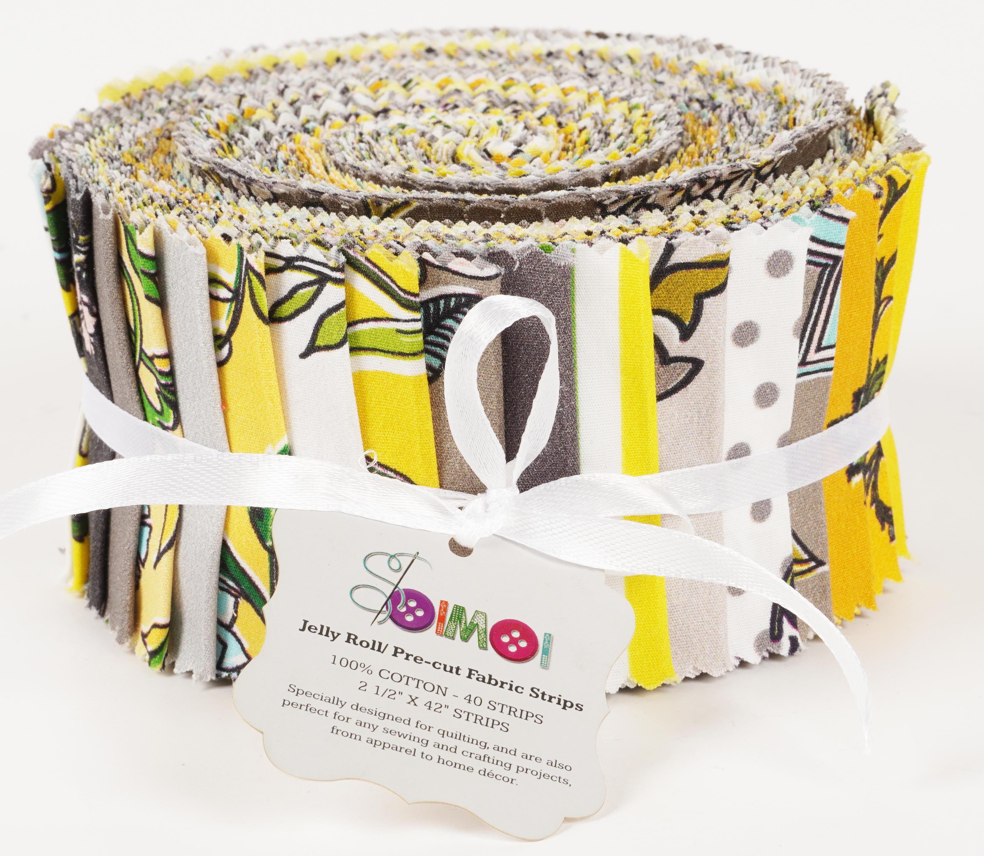 Soimoi 40Pcs Block Print Cotton Precut Fabrics For Quilting Craft Strips 2.5x42inches Jelly Roll - Yellow