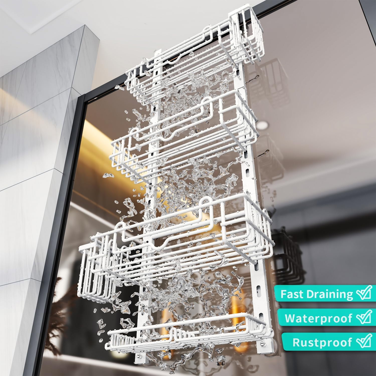 4 Tier Over the Door Shower Caddy, Hanging Shower Caddy with 22 Hooks and 2 Toothbrush Holders, No Drilling Adjustable Hanging Bathroom Organizer - White