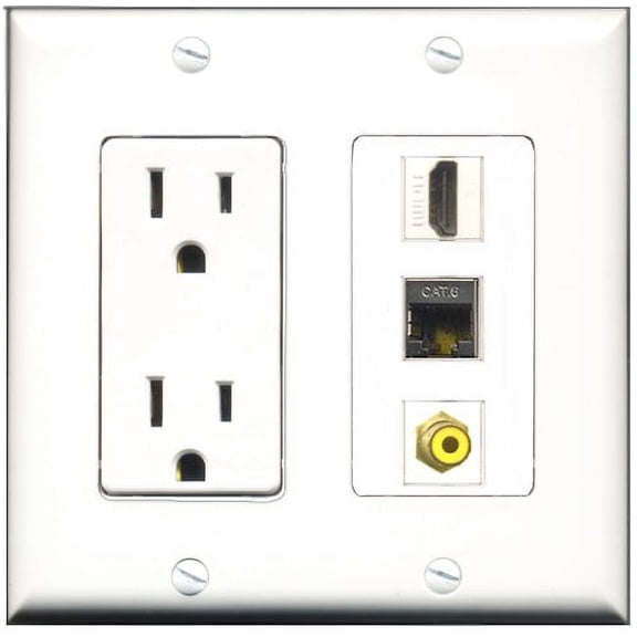 RiteAV - 15 Amp Power Outlet 1 Port HDMI 1 Port RCA Yellow 1 Port Shielded Cat6 Ethernet Ethernet Decorative Wall Plate