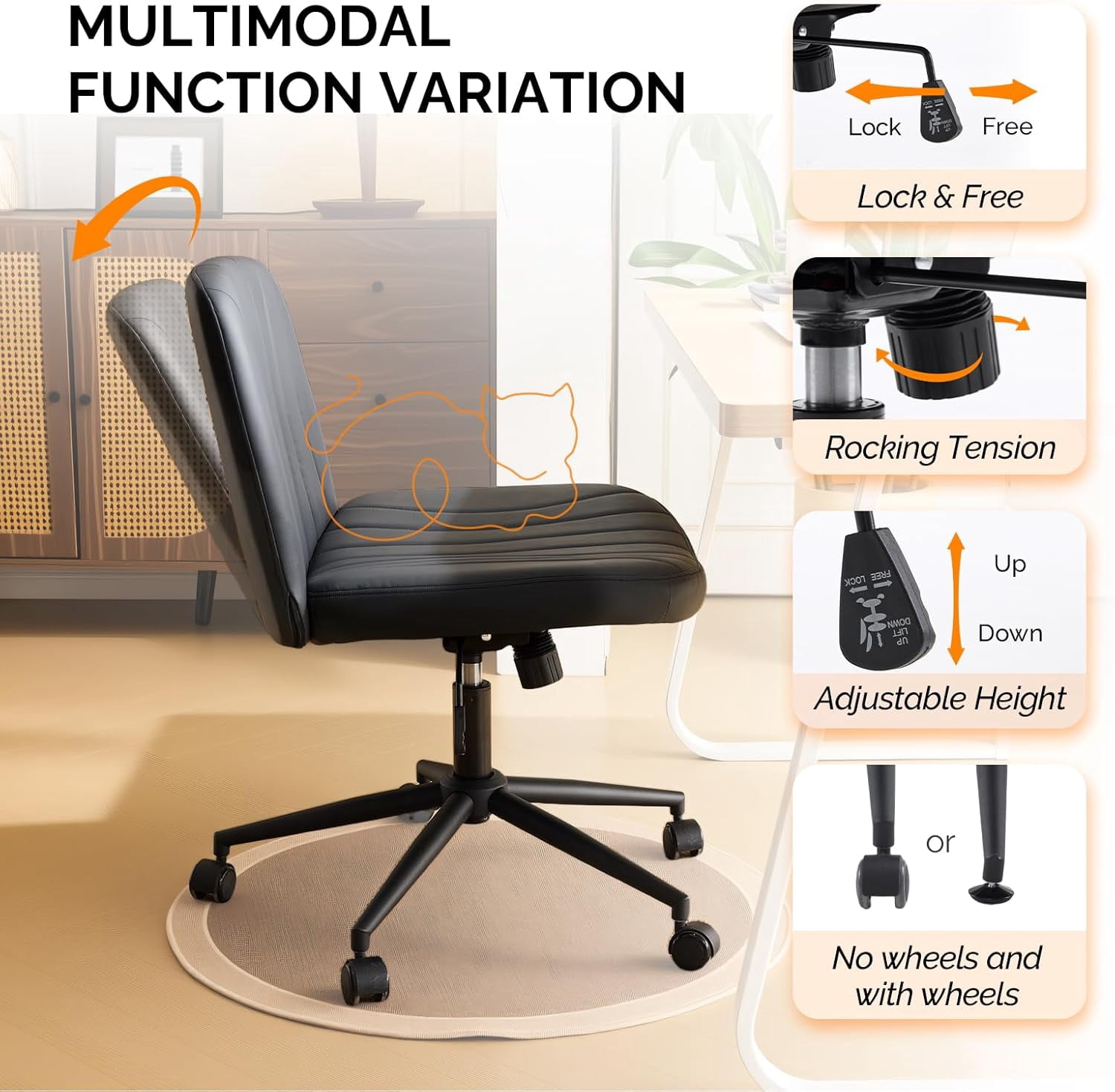 JOYMOR Modern Vanity Chair Dual-Use with/no Wheels, Armless Criss Cross Legged Chair, Swivel Wide Comfy Office Desk Chair, Computer Chair