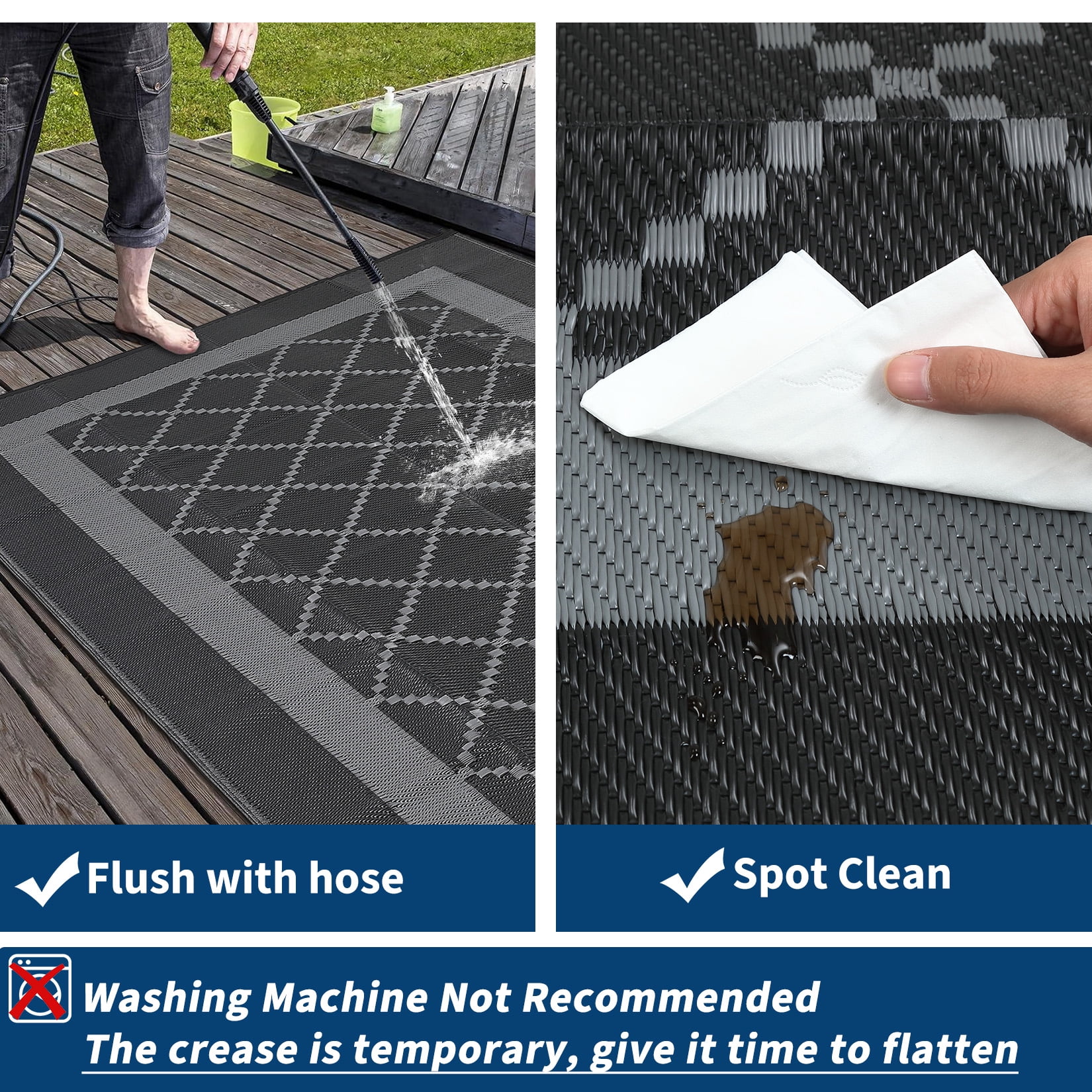 HIWEAVER 8' x 10' Black/Gray Outdoor Rug PP Plastic Straw Woven Waterproof Patio Rug with Border Portable Outside Carpet for Balcony Deck Picnic Garden Decor