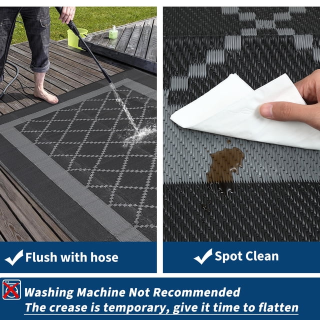 Outdoor Area Rug – Modern Washable & Waterproof – Non-Slip, UV & Weather Resistant – Easy Clean Decorative Grid Mat – Garden, Deck, Beach & Picnic– Black Grey, 8x10ft, United States