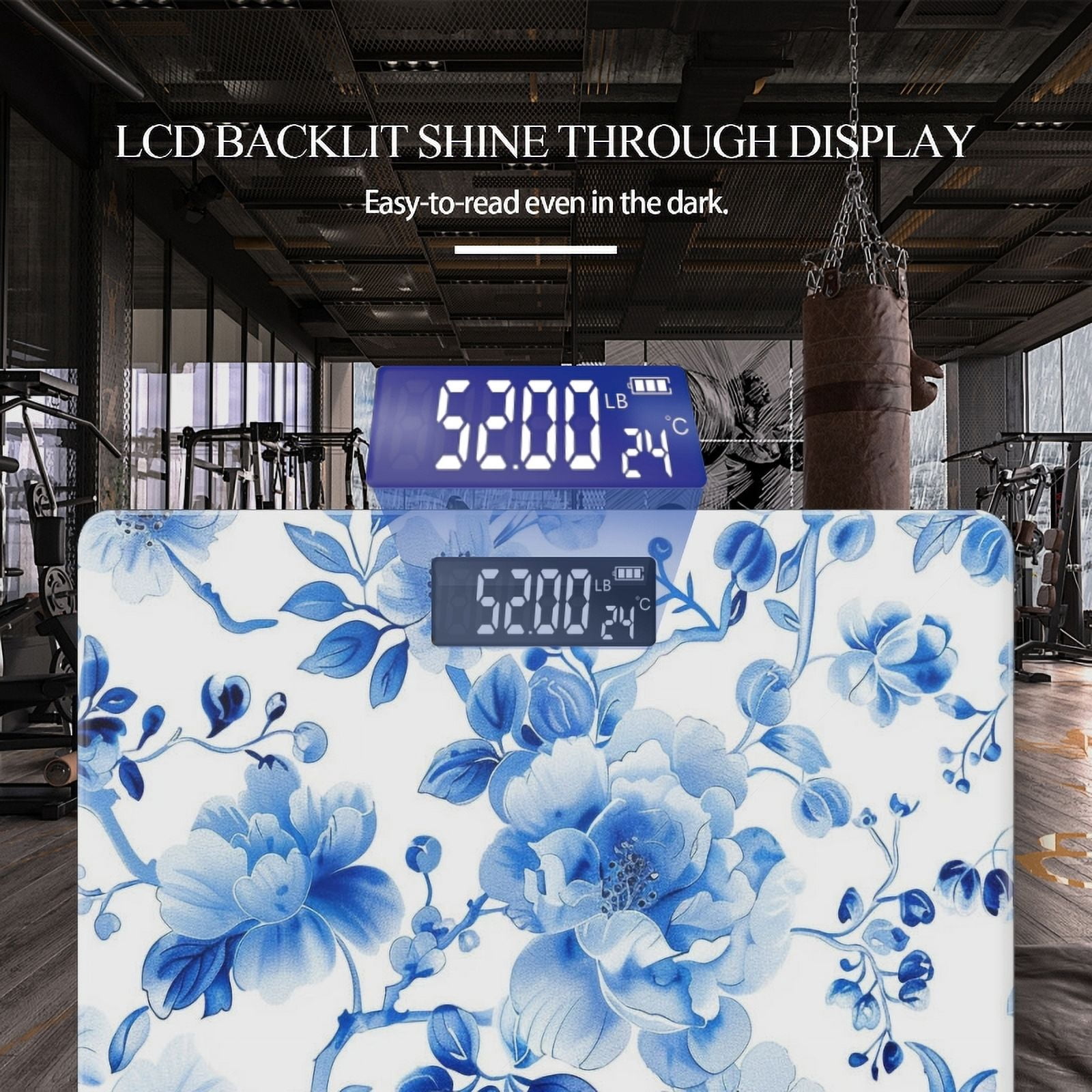 High Precision Body Weight Scale Smart Bathroom Scales with Large LCD Display(400lbs),Decorative for Bedroom-Blue And White Porcelain Pattern Peony Flowers