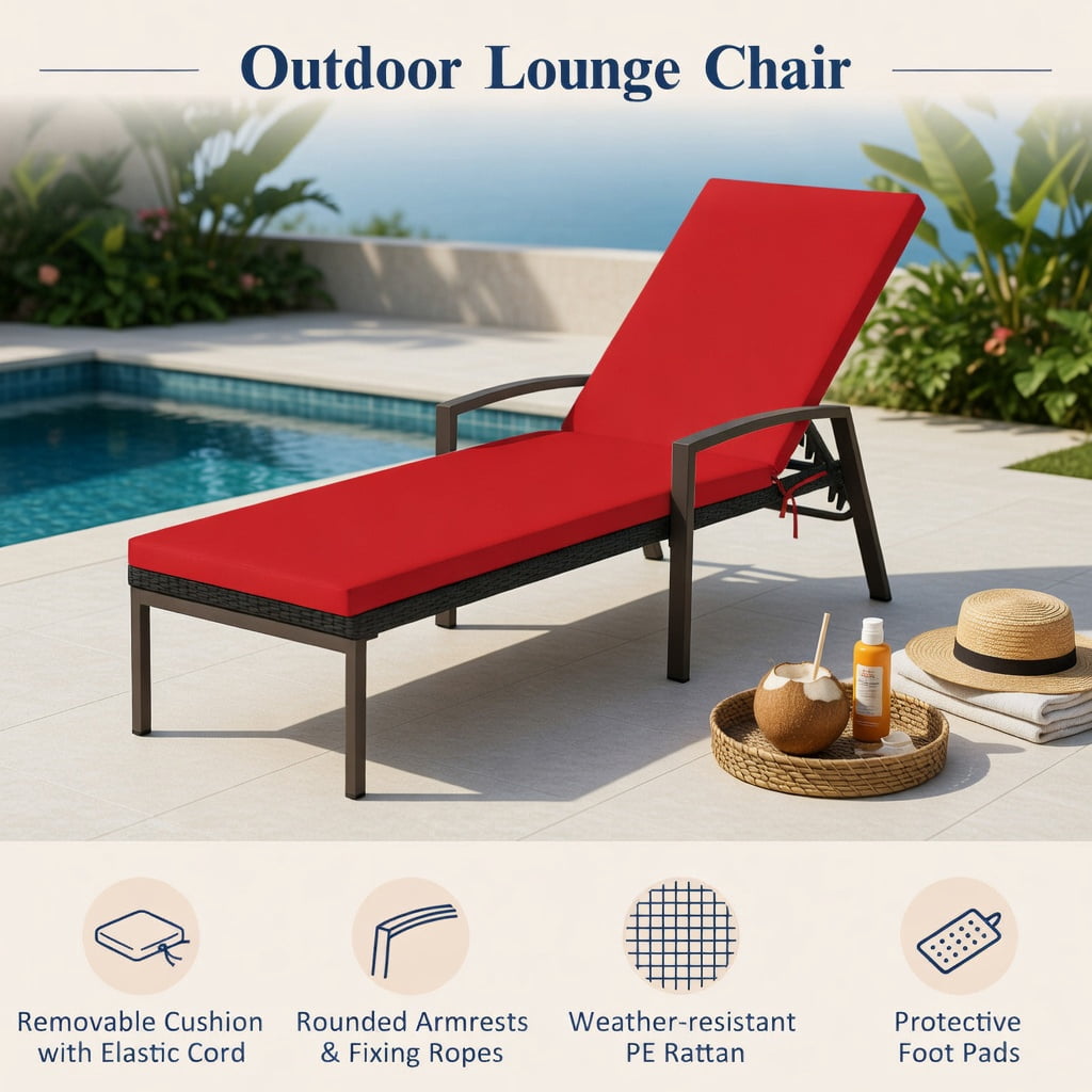 Hommoo Outdoor Rattan Chaise Lounge Chair with 5-Position Adjustable Backrest, Cushioned Patio Recliner, Weather-Resistant Steel Frame, Red