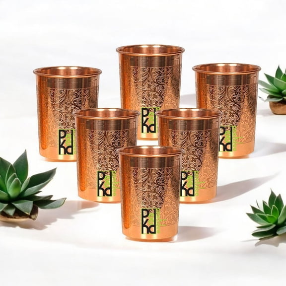 Peekdee Emboss Copper Tumbler Set of 6 – 300 ml (10.14 oz) | Pure Copper Ayurvedic Drinking Water Glass Set