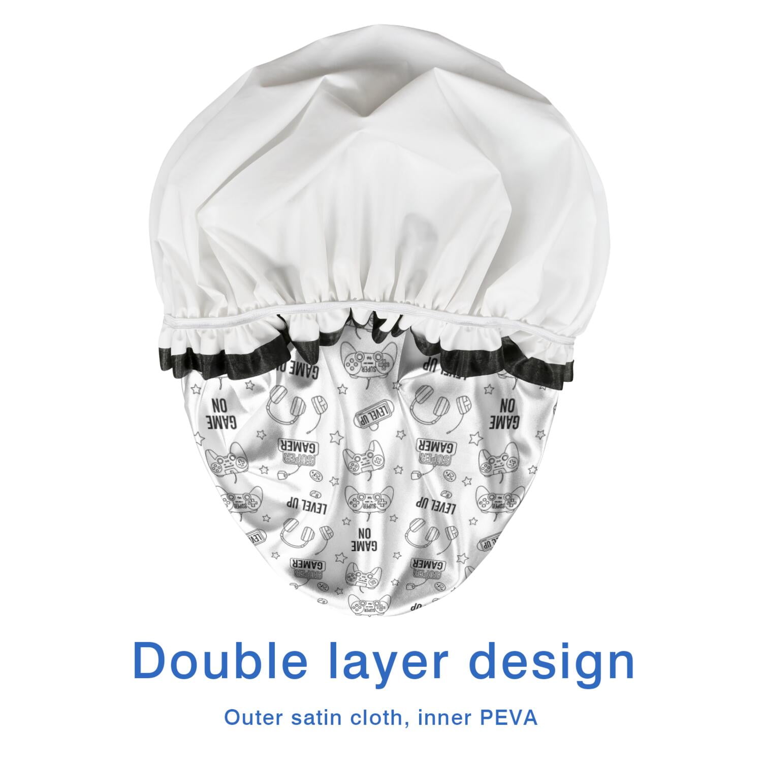 Shower Caps,Monochrome Controllers Games Icons White Pattern Waterproof Shower Cap for Women 4 Pieces,Double Reusable Hair Cover for Shower PEVA Elastic Stretch Hem