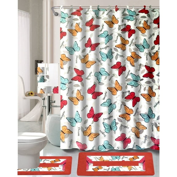 15-piece Hotel Bathroom Sets - 2 Non-Slip Bath Mats Rugs Fabric Shower Curtain 12-Hooks MULTICOLOR BUTTERFLY