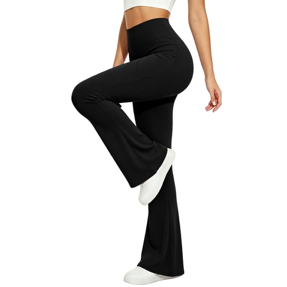 IYYVV Womens Flare Yoga Pants with Pockets High Waist Tummy Control Flared Leggings Bell Bottom Gym Workout Leggings 2026 Black L