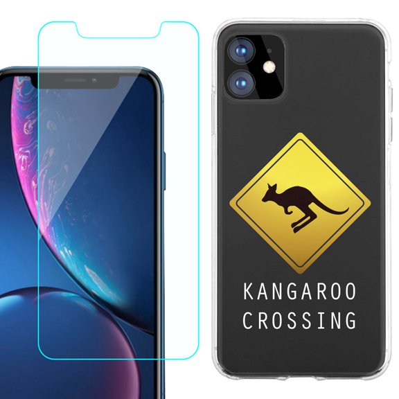 For Apple iPhone 11 Case , Slim-Fit TPU Protective Phone Case with Tempered Glass Screen Protector, by OneToughShield ® - Road Sign Kangaroo