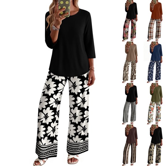 Two Piece Sets for Women Lounge 3/4 Length Sleeve Tops Graphic Pants with Pockets Summer Outfits 2026 S