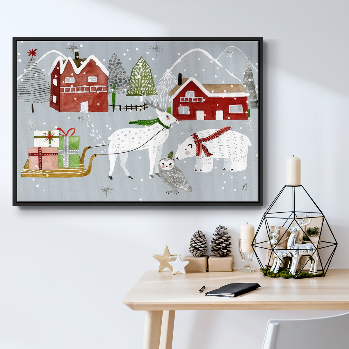 Stars and Snowflakes Collection A - Framed Gallery Wrapped Holiday Canvas - 25 x 37 - Black Frame