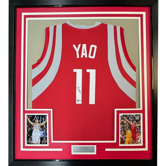 Framed Autographed/Signed Yao Ming 35x39 Houston Red Basketball Jersey Beckett BAS COA