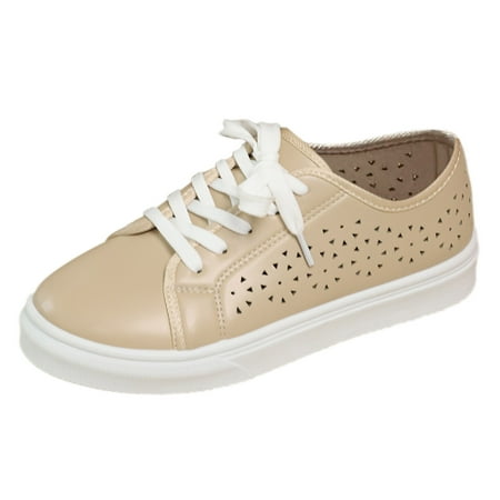 QYZEU Women s Ballet Flats Womens Work Shoes Ladies Leather Hollow Sports Solid Color Breathable Large Size Light Running Shoes Sneakers Casual Shoes Beige 37