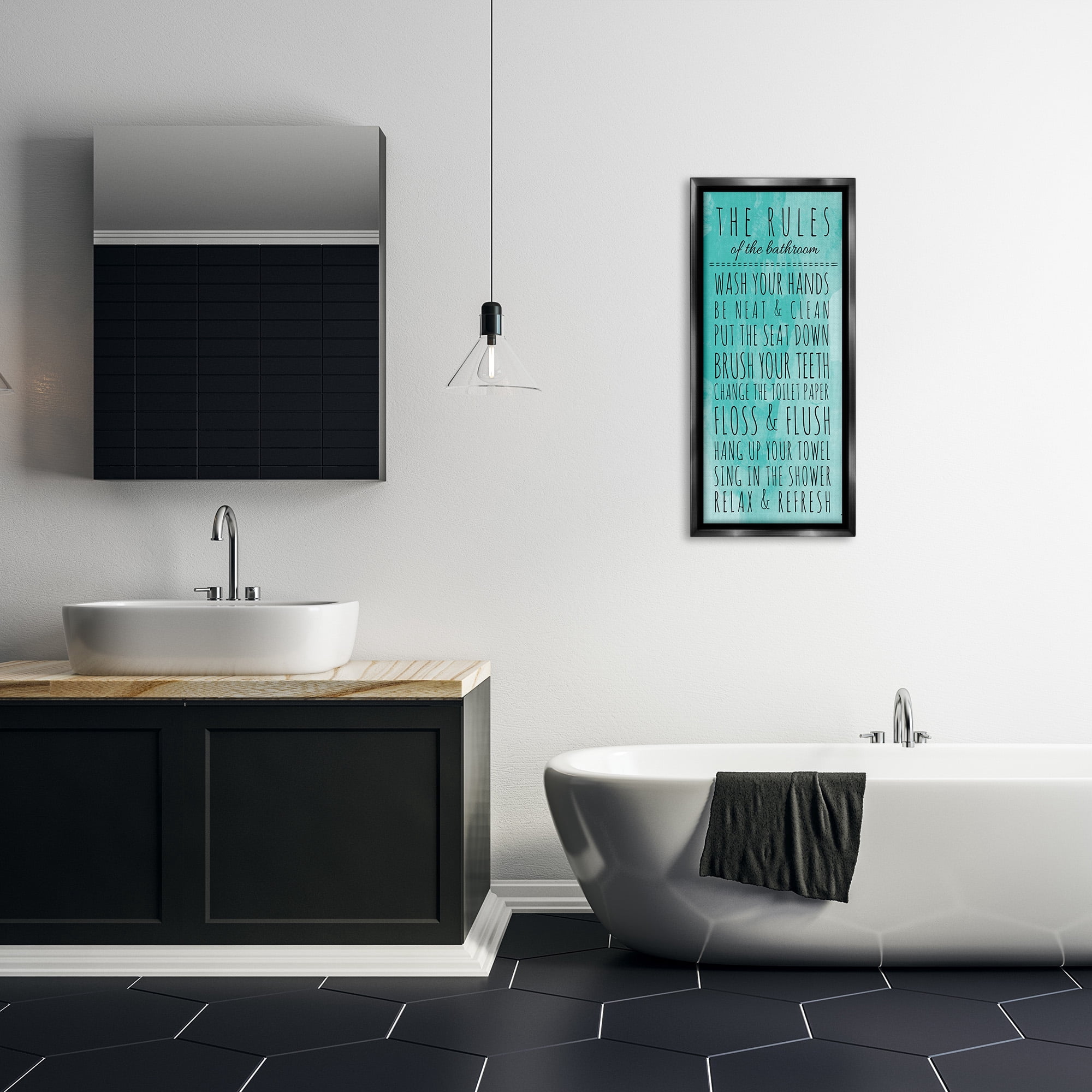 Stupell Industries Bathroom Rules on Turquoise Typography Painting Black Floater Framed Canvas Art Print Wall Art, 15 x 31