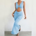 thumbnail image 4 of Women's Cross Twist Front Halter Cami Tops and Skirt Summer Solid Color Pleated Slim Fit Dress Light Blue, 4 of 9