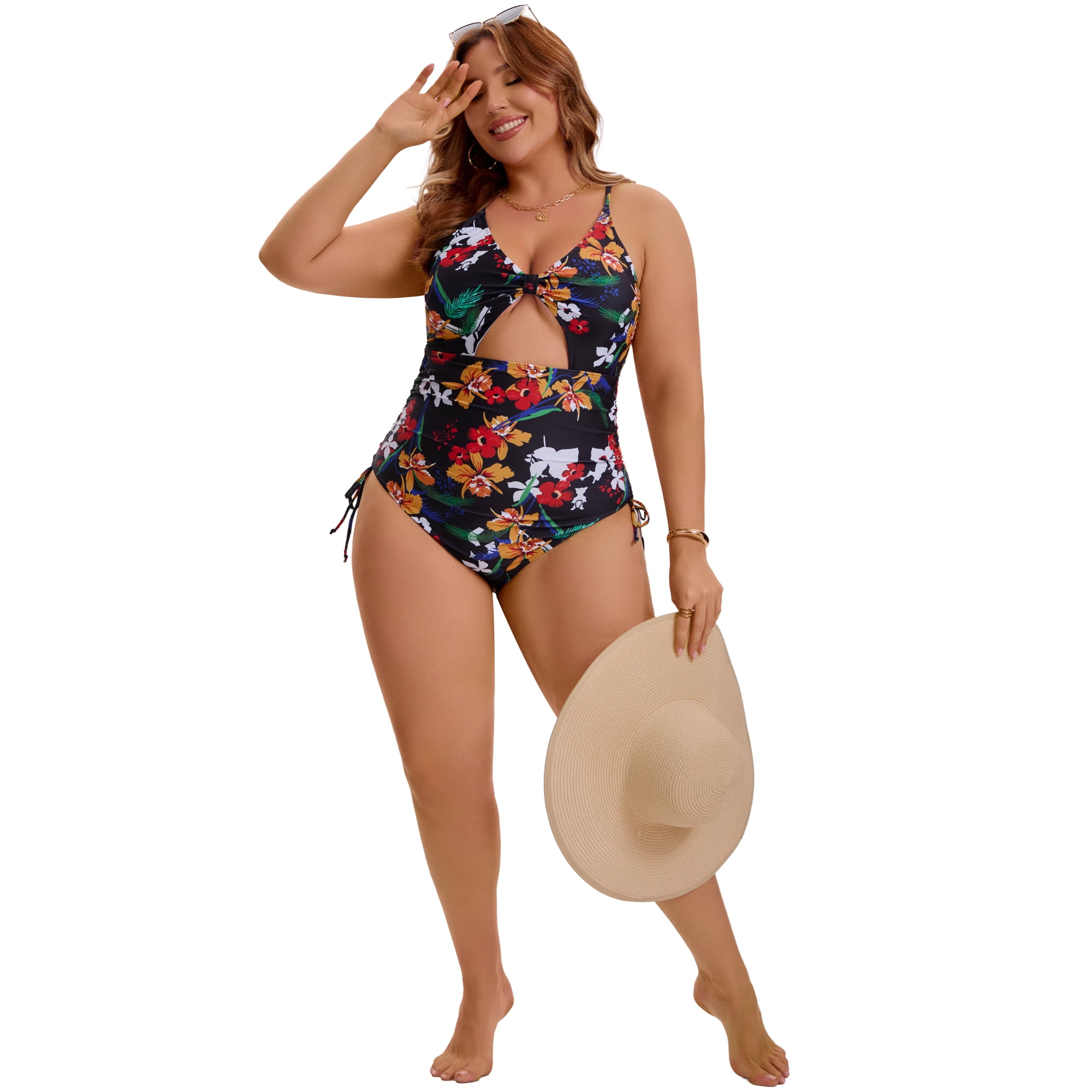 DARING DIVA Women's Plus Swimsuit Tummy Control Cutout Monokini 1X Yellow Red Floral