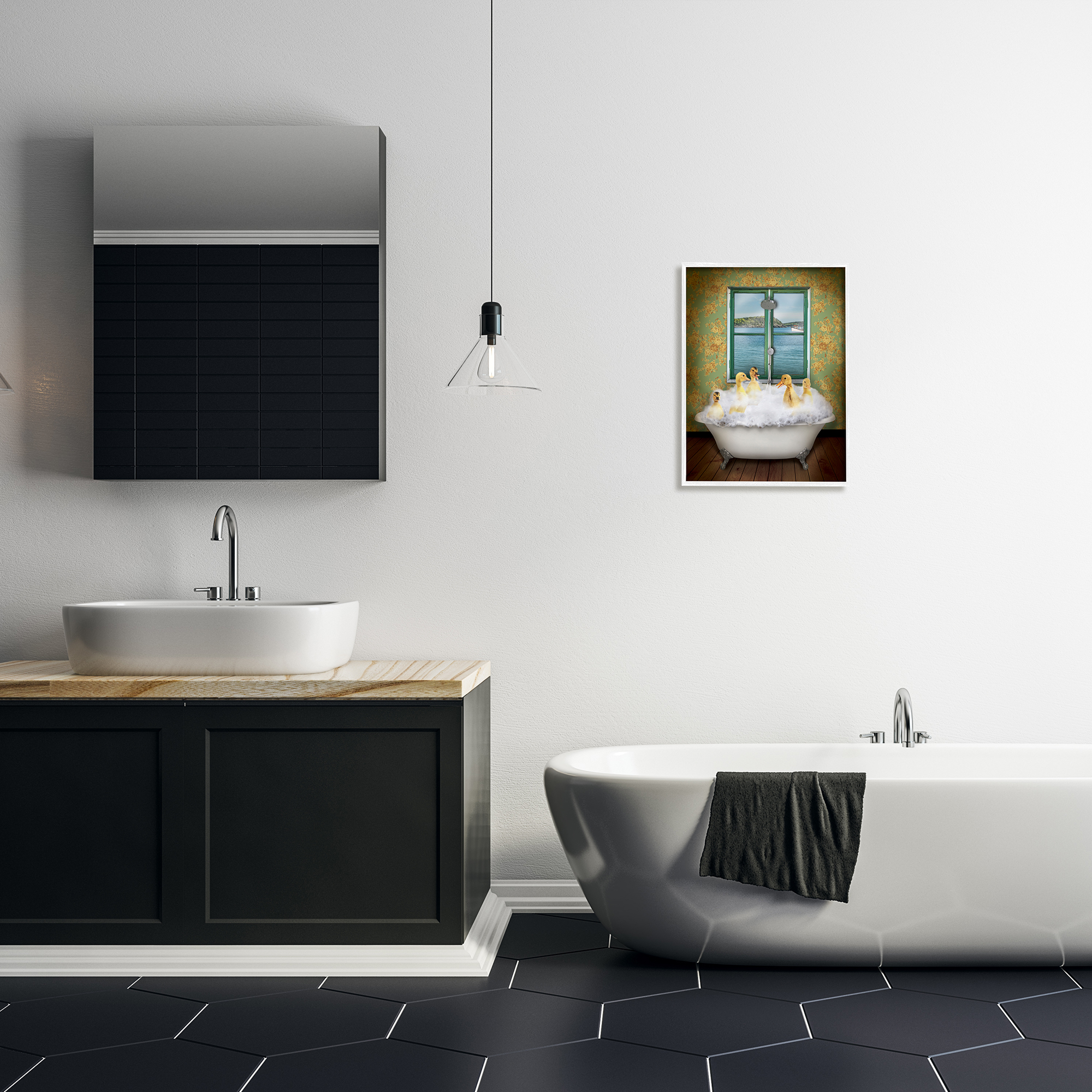 Stupell Industries Ducks Bathing Tub Ocean View Animals Painting White Framed Art Print Wall Art, 20 x 16