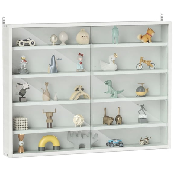5-Tier White Wall Mounted Display Cabinet with Glass Doors 4 Adjustable Shelves Floating Curio Cabinet for Collectibles
