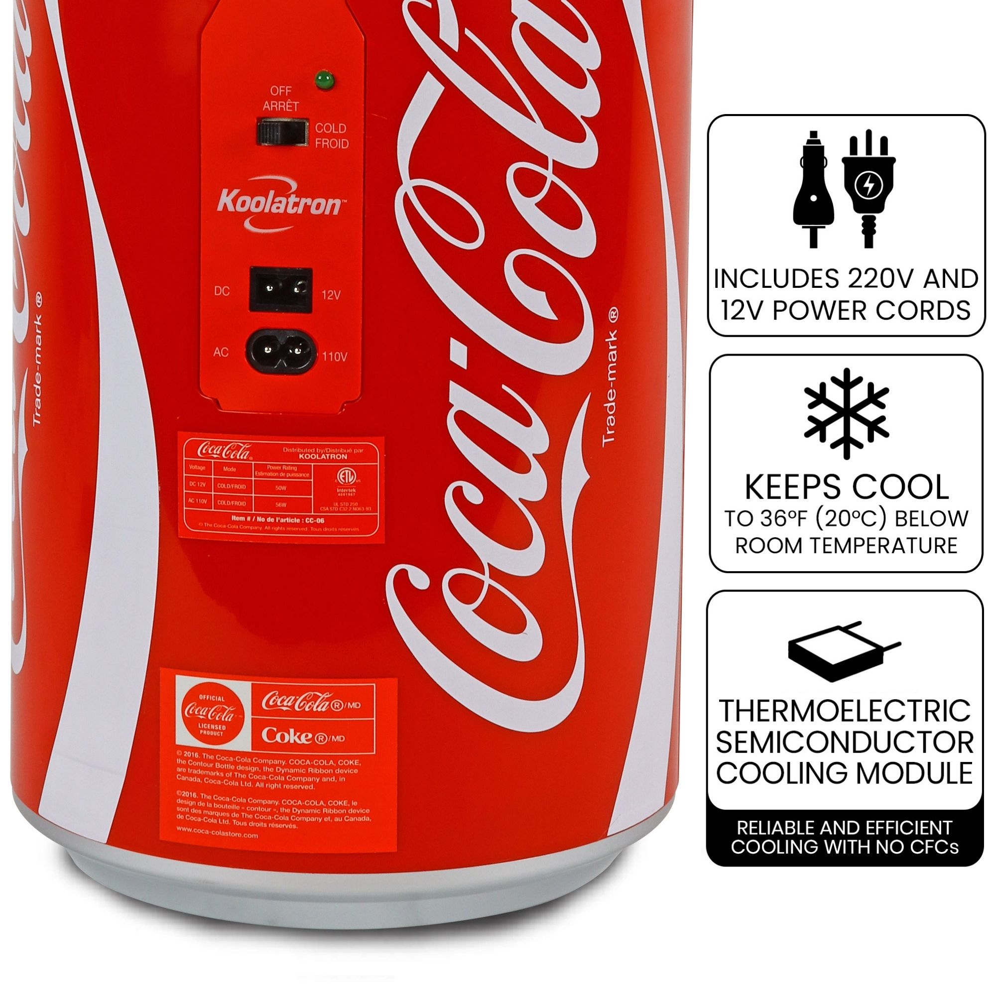 Coca-Cola 8 Can Portable Mini Fridge, 5.4L (5.7 qt) Compact Personal Travel Fridge for Snacks Lunch Drinks Cosmetics, Includes 12V and AC Cords, Cute Desk Accessory for Home Office Dorm Travel, Red - image 5 of 8