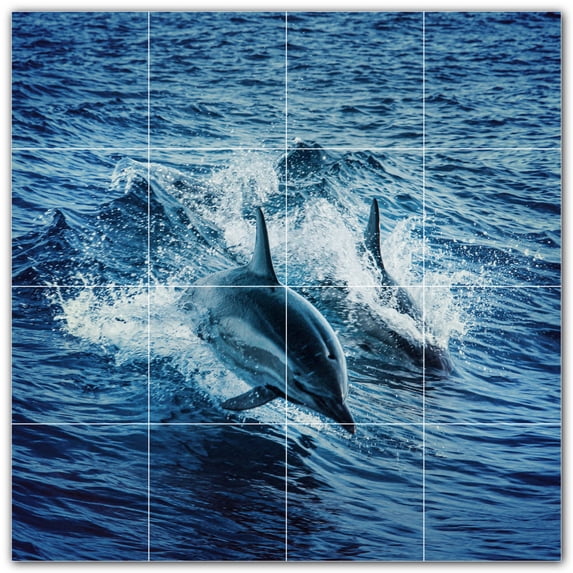 Picture-Tiles.com: Dolphin Ceramic Tile Wall Mural WAL500528-44S. 17"W x 17"H using (16) 4.25" x 4.25" Ceramic Tiles-Satin Finish