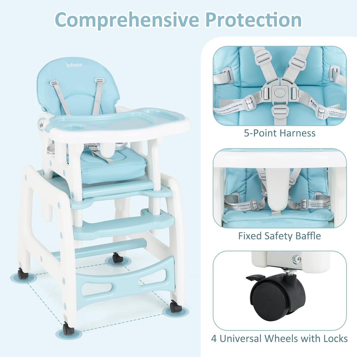 INFANS 5 in 1 Baby High Chair, Convertible Toddler Table with Rocking Chair, Adjustable Back, Removable Tray, Sponge