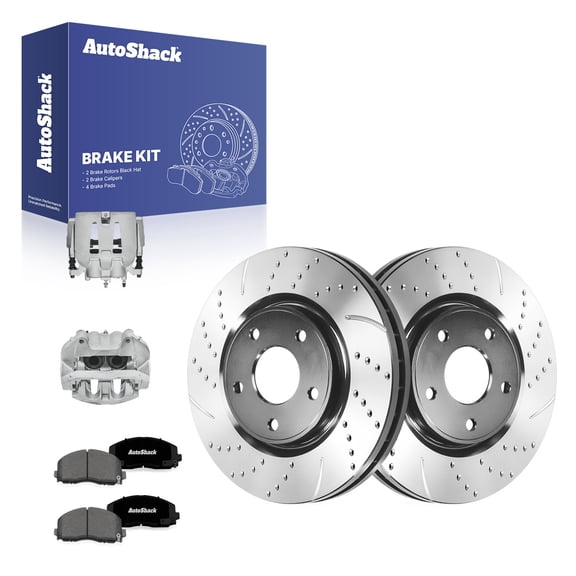 AutoShack Front Vented Drilled & Slotted E-Coated Brake Rotors   Premium Ceramic Pads   Calipers 8-PC Brake Kit Replacement for 2012-2020 Dodge Journey ShadowGuard 12.99" (330 mm)