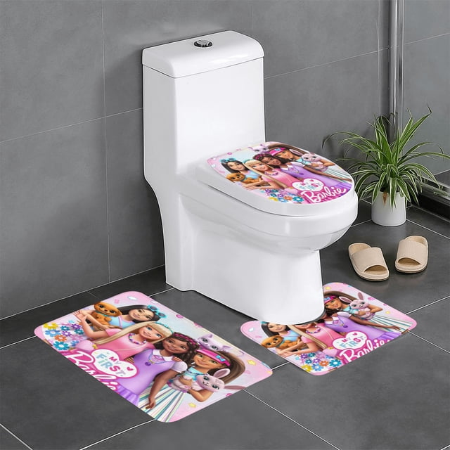 Barbie Juego de 3 alfombras de baño de coral fleece: tapete de baño + alfombra de inodoro en forma de U + funda de tapa de inodoro en forma de O