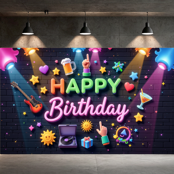 Neon Design Birthday Party Banner Guitar Music Event Banner for Birthday Celebration Party Decoration Photo Background