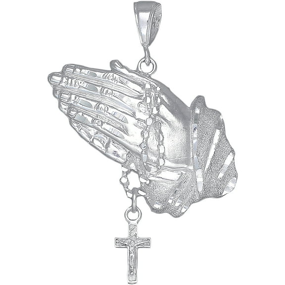 Sterling Silver Praying Hands with Rosary Cross Pendant Necklace Diamond Cut Finish and 24 Inch Chain