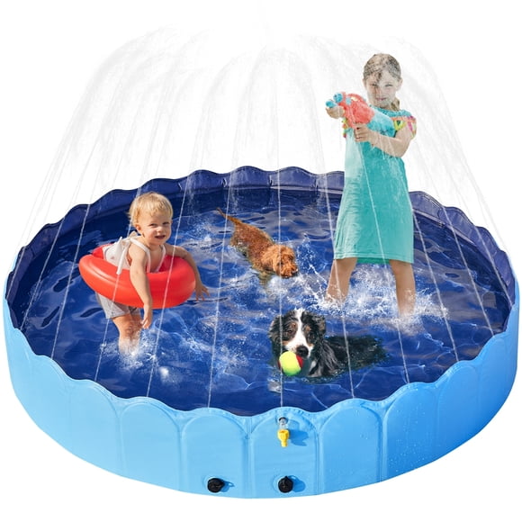 Yaheetech XXL Foldable Dog Swimming Pool with Sprinkler, Portable Pet Bath Tub, Blue