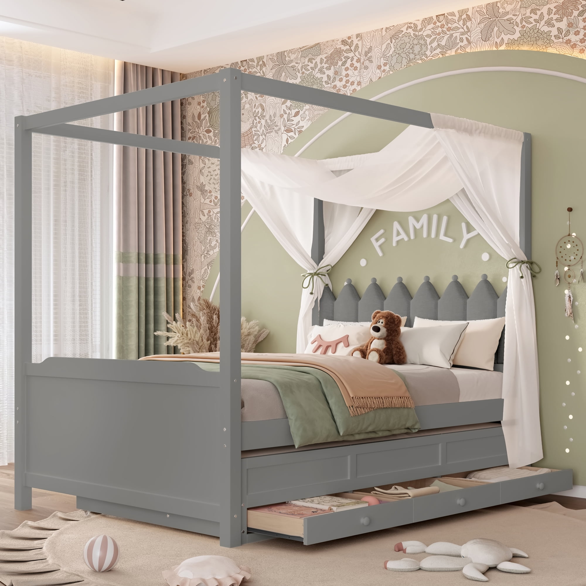 Mintazer Princess Upholstered Headboard Full Size Platform Canopy Bed Frame with Twin Trundle and 3 Storage Drawers for Kids Girls, Gray