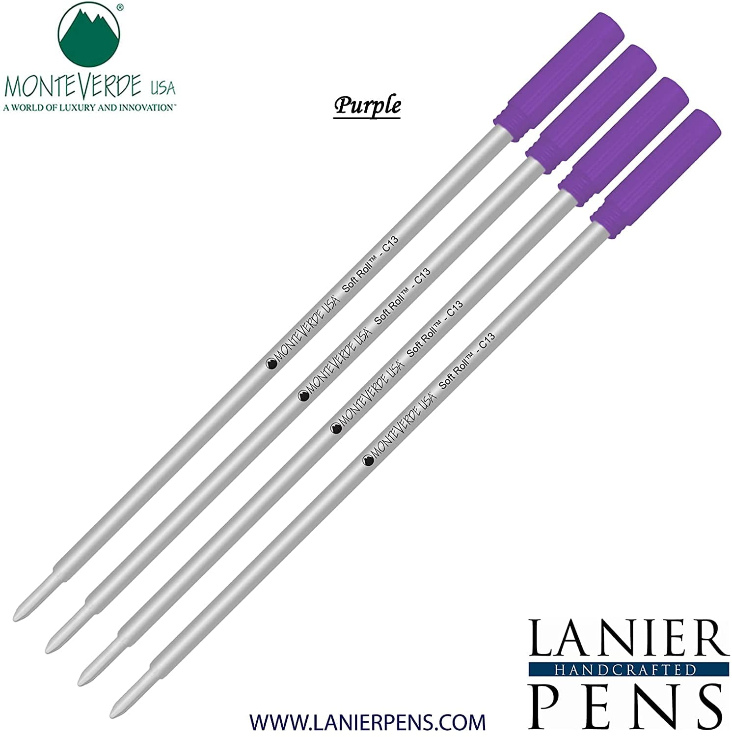 Lanier Combo Pack - 4 Pack - Monteverde Soft Roll Ballpoint C13 Paste Ink Refill Compatible with most Cross Style Ballpoint Pens - Purple (Medium Tip 0.7mm)