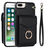 Feishell for iPhone 8 Plus / iPhone 7 Plus Wallet Case, RFID Blocking Card Slots Magnetic Button Case Glossy PU Leather Finger Ring Holder Kickstand Wrist Strap Handbag Cover,Black