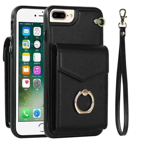 Feishell for iPhone 8 Plus / iPhone 7 Plus Wallet Case, RFID Blocking Card Slots Magnetic Button Case Glossy PU Leather Finger Ring Holder Kickstand Wrist Strap Handbag Cover,Black