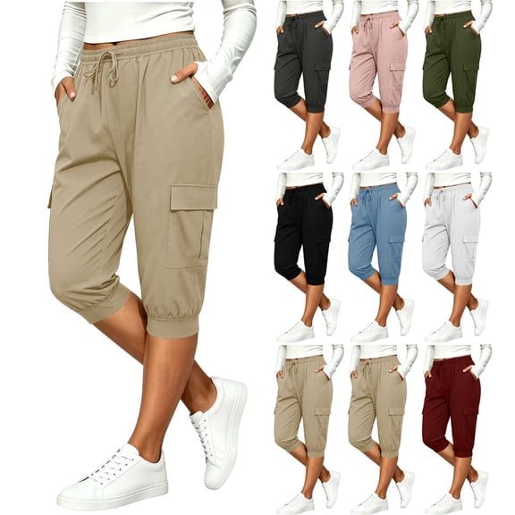 SwiftWear Women's Cargo Capri Pants with 4 Pockets Drawstring Elastic Waist Casual Cropped Joggers