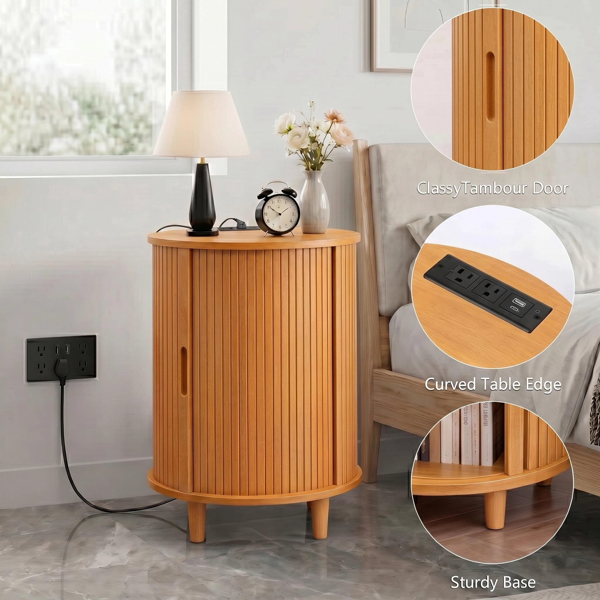 AISWORD Round End Table with Charging Station, Fluted Accent Side Table with Sliding Door and Adjustable Shelf, Nightstand for Small Space, Yellow