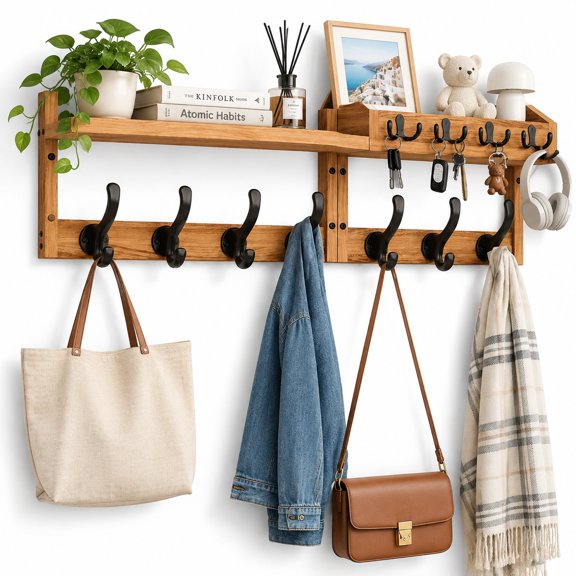 Wall Mount Multi-Purpose Entryway Organizer Rack with Storage Shelf & Multiple Metal Hooks, Farmhouse Style Wall Hanging Caddy for Daily Small Items Storage