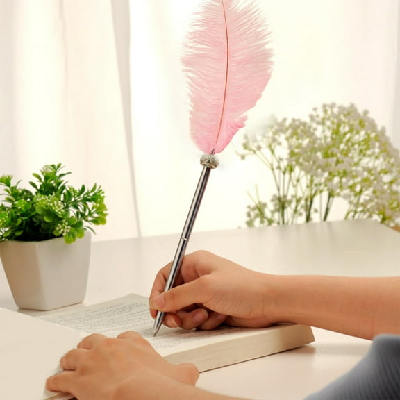 Ovzne Quill Wedding Supplies Creative Color Pen - 15.7X4.7In Stainless Steel Sign In Pen With Ostrich Feathers, Available In Pink, Orange, Hot Pink, White