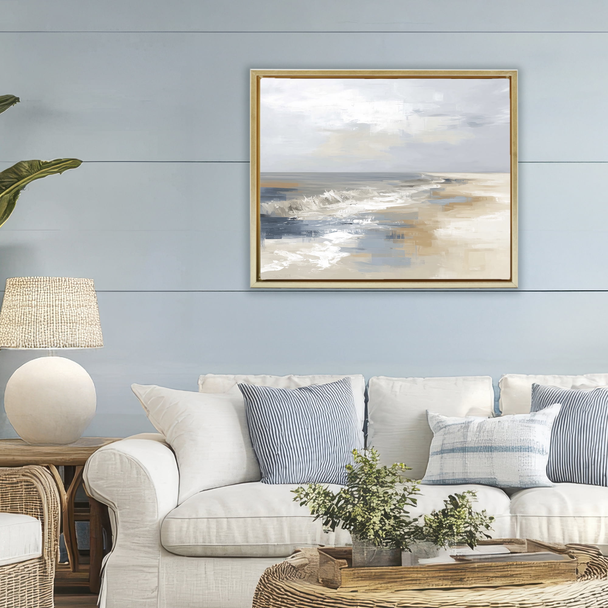 Stupell Industries Tranquil Beach in Neutrals Gold Framed Floater Canvas Wall Art, design by Kim Curinga