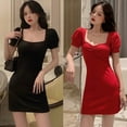 thumbnail image 5 of Summer Women's Square Collar Solid Color Short-Sleeved Ladies Dress Wild Casual Sexy Dress, 5 of 6