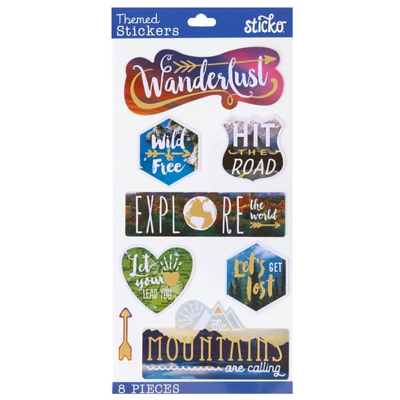 Sticko Solid Multicolor Wanderlust Travel Explore Vacation Paper Stickers, 8 Pieces