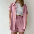 thumbnail image 2 of Caywon Summer Womens Two Piece Set Comfortableable Long Sleeve Neck Top High Waist Drawstring Detail Coordinated Relaxed LooseLarge Above Knee Length Short Casual Outfit Pink M, 2 of 5