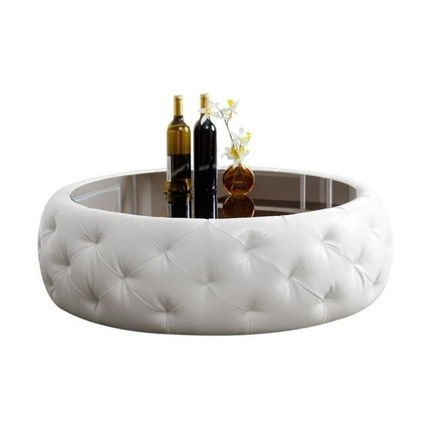 Bowery Hill Leather Round Coffee Table, Round Leather And Glass Coffee Table