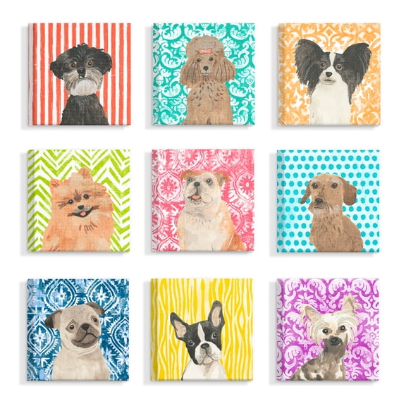 The Stupell Home Decor Patterned Pooch Portrait Art Set of Nine Canvas Wall Art, 9pc, each 12 x 12
