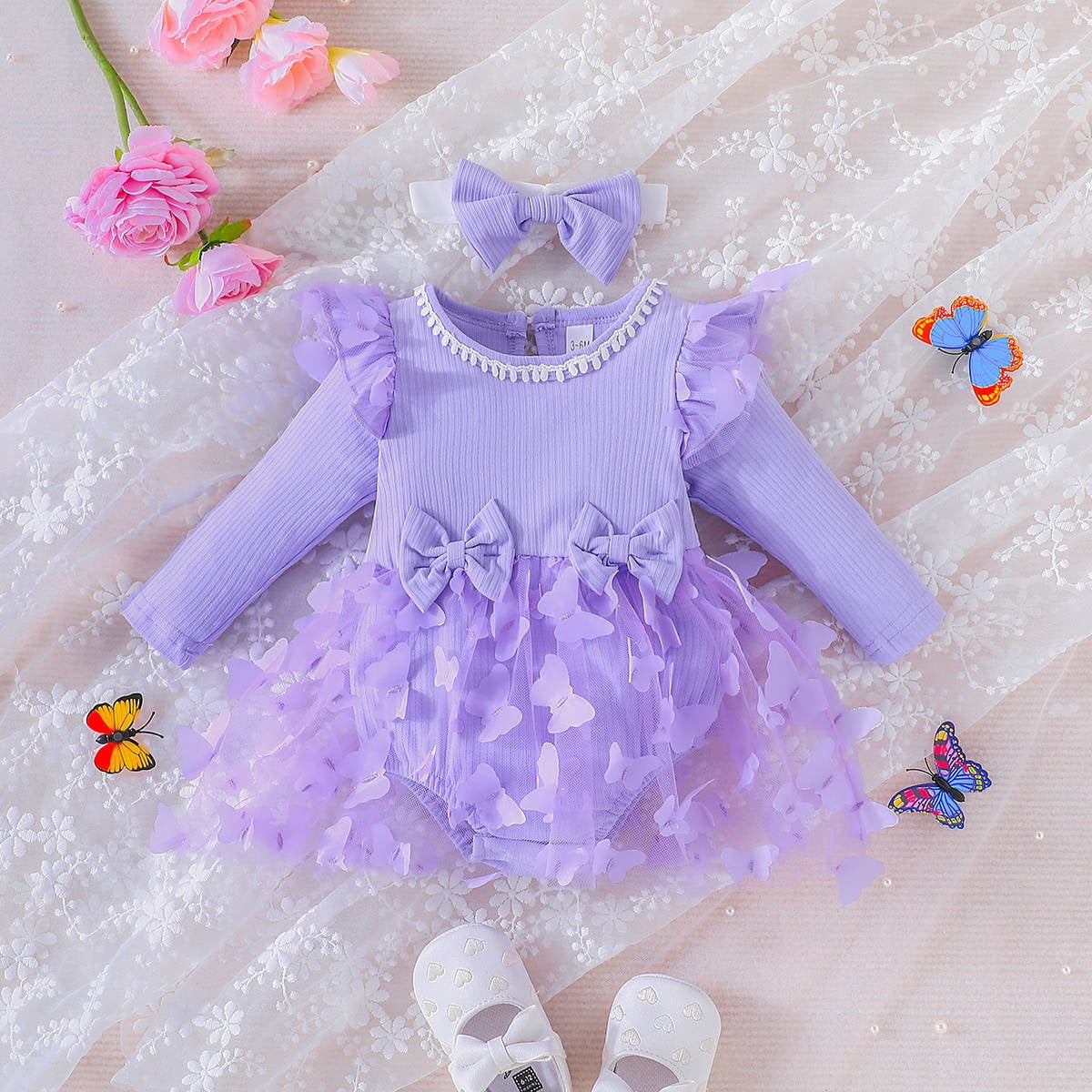 IBTOM CASTLE Newborn Baby Girls Butterfly Tutu Dress Long Sleeve Romper Tutu Skirt + Headband 2PCS Winter Fall Clothes 3-6 Months Purple