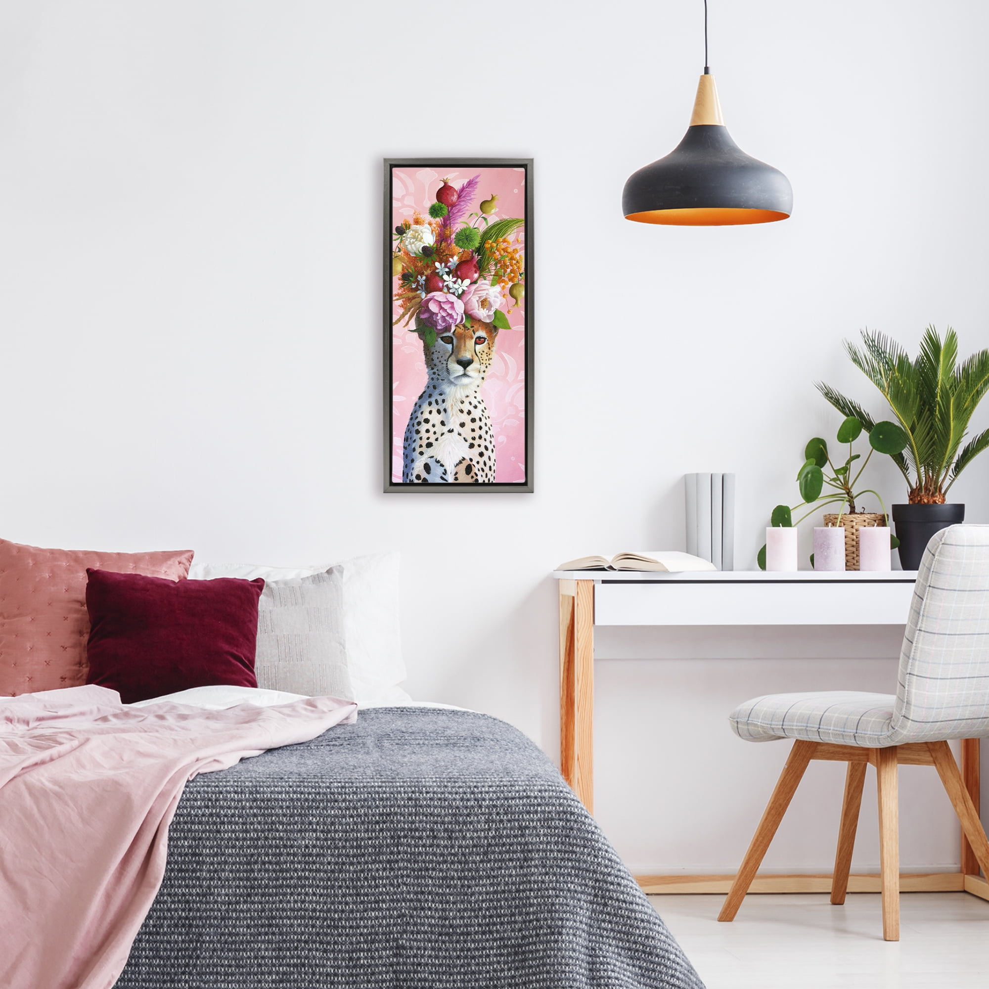 Serious Cheetah & Florals Gray Framed Floater Canvas Wall Art, design by Heather Gauthier