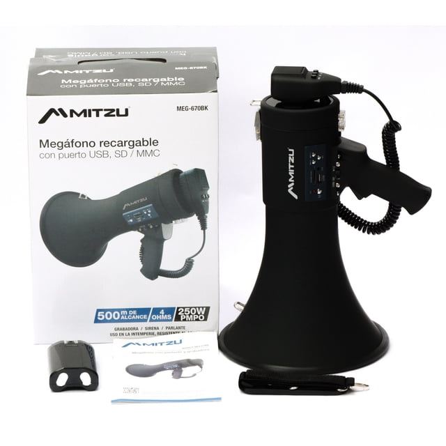 Megáfono Recargable Con Puertos Usb/sd 250w Pmpo Mitzu 670 Mitzu MEG-670BK-V