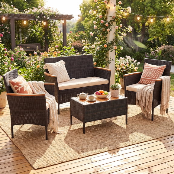 ELLEGNT Outdoor Wicker Sectional Sofa Set with Coffee Table – 4-Piece Patio Furniture with Solid Acacia Wood Accents